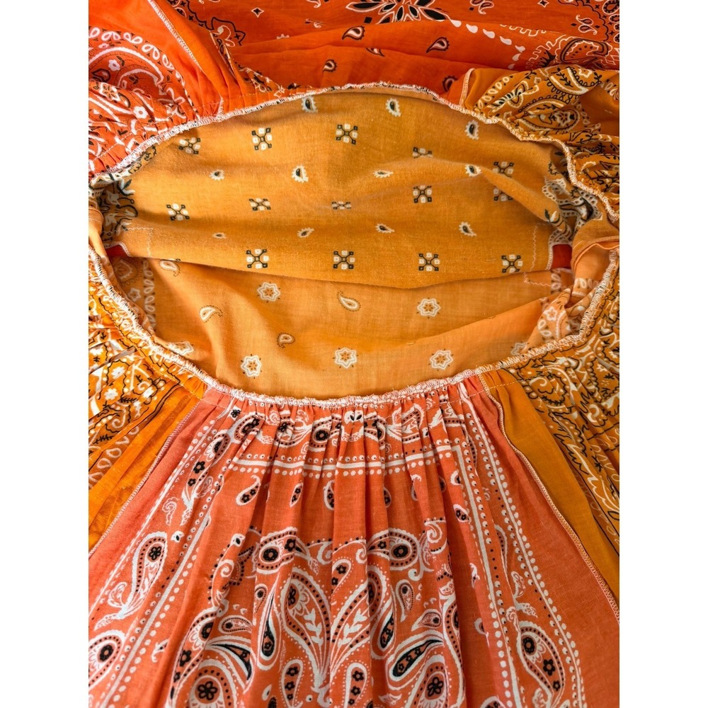 Handmade Orange Bandana Patchwork Midi Dress Bell Sleeve Paisley Boho S/M - Picture 8 of 11